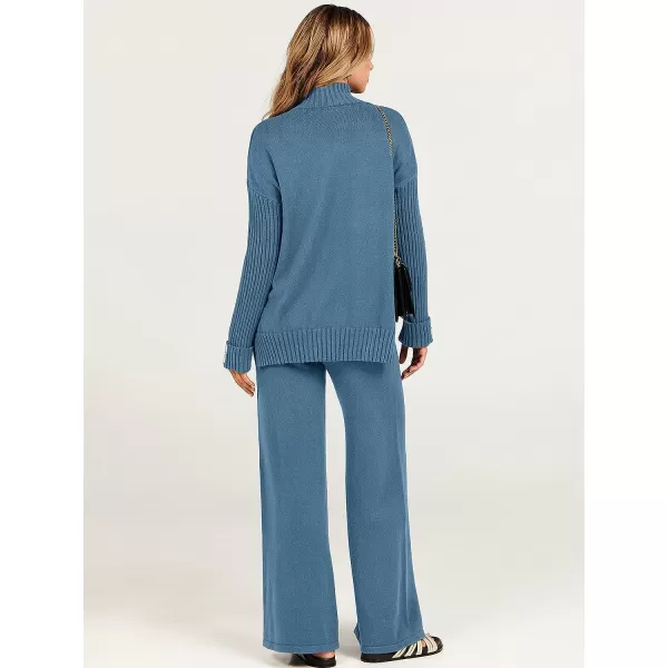 imageANRABESS Womens Two Piece Outfits Sweater Sets Long Sleeve Knit Pullover and Wide Leg Pants Lounge SetsBlue
