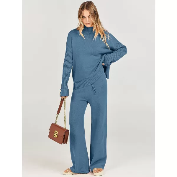 imageANRABESS Womens Two Piece Outfits Sweater Sets Long Sleeve Knit Pullover and Wide Leg Pants Lounge SetsBlue
