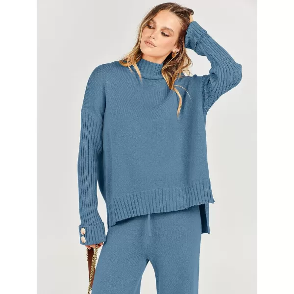 imageANRABESS Womens Two Piece Outfits Sweater Sets Long Sleeve Knit Pullover and Wide Leg Pants Lounge SetsBlue