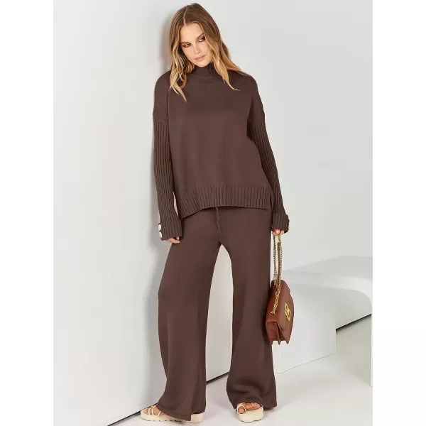 imageANRABESS Womens Two Piece Outfits Sweater Sets Long Sleeve Knit Pullover and Wide Leg Pants Lounge SetsBrown
