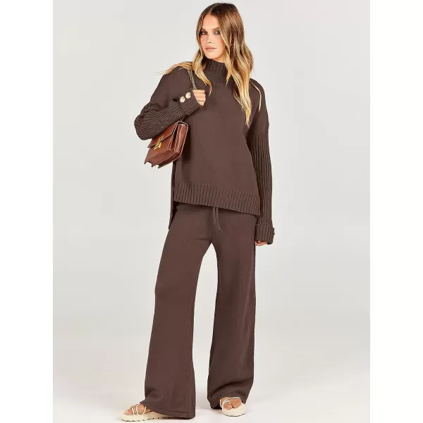 imageANRABESS Womens Two Piece Outfits Sweater Sets Long Sleeve Knit Pullover and Wide Leg Pants Lounge SetsBrown