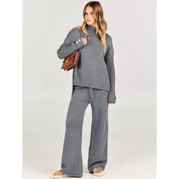 imageANRABESS Womens Two Piece Outfits Sweater Sets Long Sleeve Knit Pullover and Wide Leg Pants Lounge SetsDark Grey