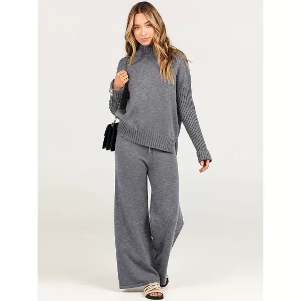 imageANRABESS Womens Two Piece Outfits Sweater Sets Long Sleeve Knit Pullover and Wide Leg Pants Lounge SetsDark Grey