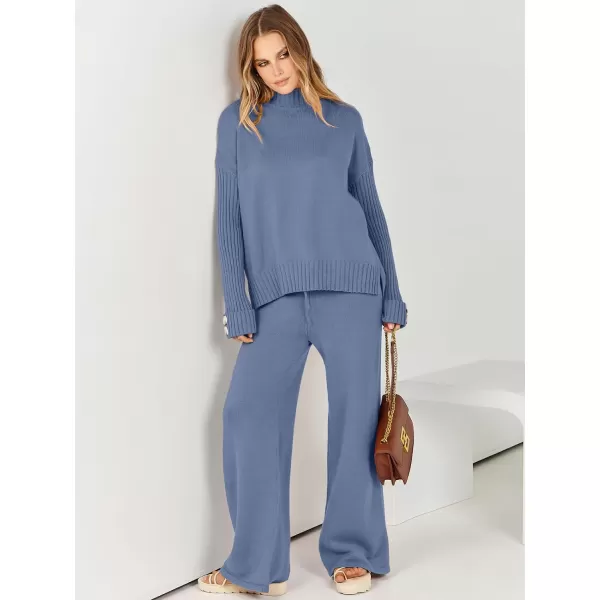 imageANRABESS Womens Two Piece Outfits Sweater Sets Long Sleeve Knit Pullover and Wide Leg Pants Lounge SetsDeep Blue