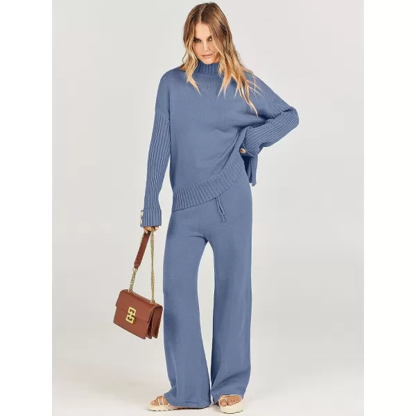 imageANRABESS Womens Two Piece Outfits Sweater Sets Long Sleeve Knit Pullover and Wide Leg Pants Lounge SetsDeep Blue