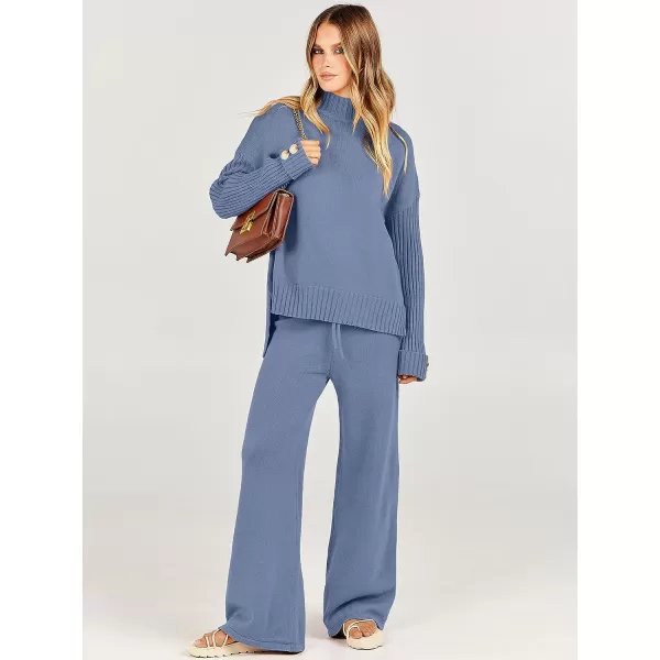 imageANRABESS Womens Two Piece Outfits Sweater Sets Long Sleeve Knit Pullover and Wide Leg Pants Lounge SetsDeep Blue