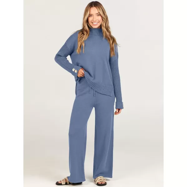 imageANRABESS Womens Two Piece Outfits Sweater Sets Long Sleeve Knit Pullover and Wide Leg Pants Lounge SetsDeep Blue