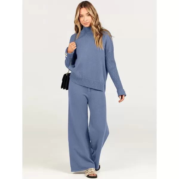imageANRABESS Womens Two Piece Outfits Sweater Sets Long Sleeve Knit Pullover and Wide Leg Pants Lounge SetsDeep Blue