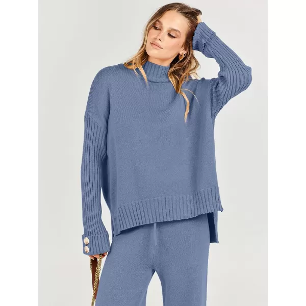 imageANRABESS Womens Two Piece Outfits Sweater Sets Long Sleeve Knit Pullover and Wide Leg Pants Lounge SetsDeep Blue