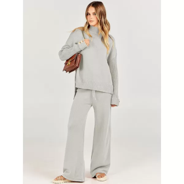imageANRABESS Womens Two Piece Outfits Sweater Sets Long Sleeve Knit Pullover and Wide Leg Pants Lounge SetsGery