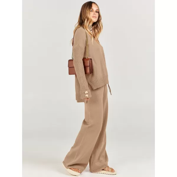 imageANRABESS Womens Two Piece Outfits Sweater Sets Long Sleeve Knit Pullover and Wide Leg Pants Lounge SetsLight Khaki