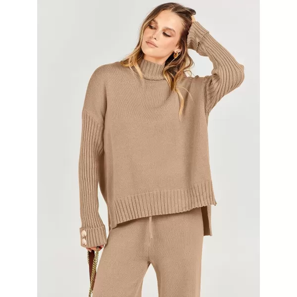imageANRABESS Womens Two Piece Outfits Sweater Sets Long Sleeve Knit Pullover and Wide Leg Pants Lounge SetsLight Khaki