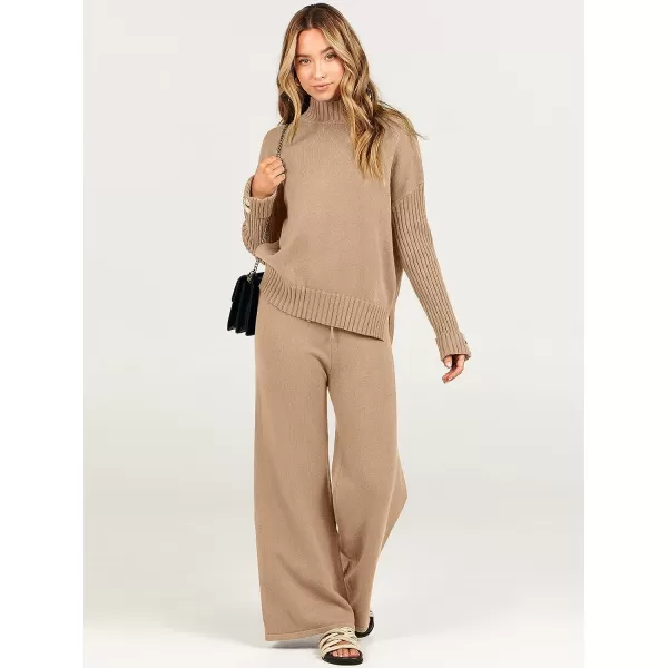 imageANRABESS Womens Two Piece Outfits Sweater Sets Long Sleeve Knit Pullover and Wide Leg Pants Lounge SetsLight Khaki