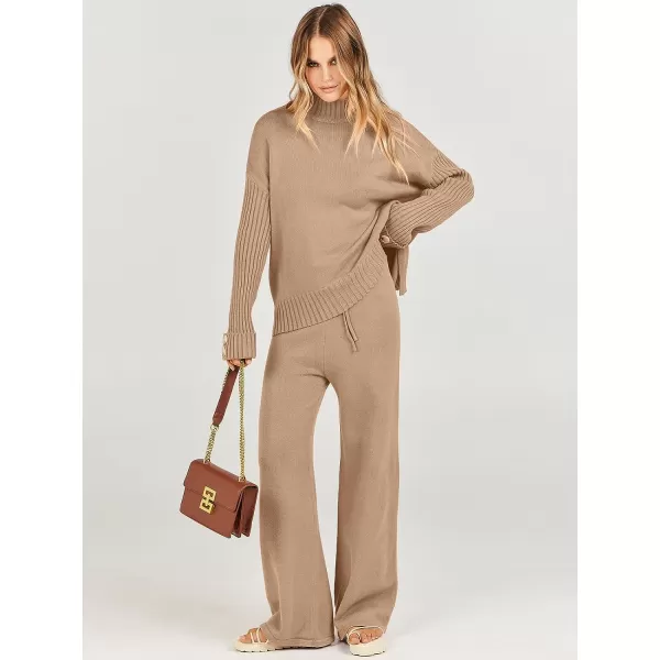 imageANRABESS Womens Two Piece Outfits Sweater Sets Long Sleeve Knit Pullover and Wide Leg Pants Lounge SetsLight Khaki