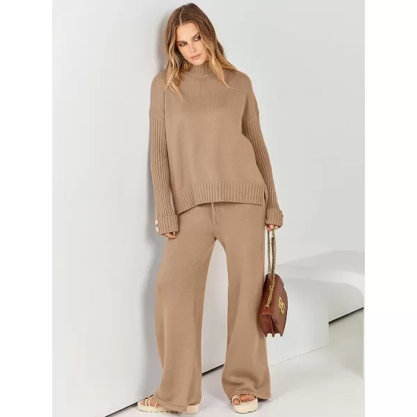 imageANRABESS Womens Two Piece Outfits Sweater Sets Long Sleeve Knit Pullover and Wide Leg Pants Lounge SetsLight Khaki