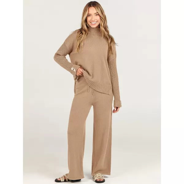 imageANRABESS Womens Two Piece Outfits Sweater Sets Long Sleeve Knit Pullover and Wide Leg Pants Lounge SetsLight Khaki