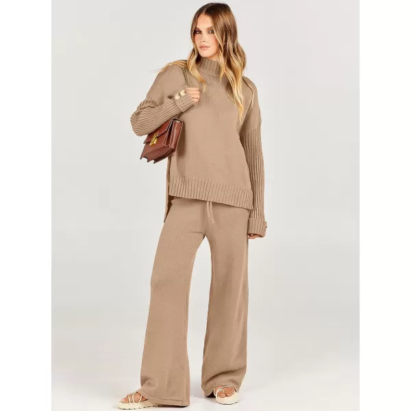 imageANRABESS Womens Two Piece Outfits Sweater Sets Long Sleeve Knit Pullover and Wide Leg Pants Lounge SetsLight Khaki