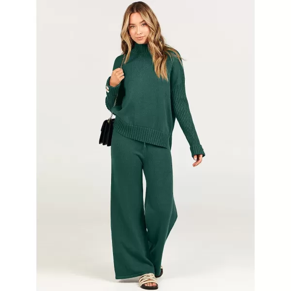 imageANRABESS Womens Two Piece Outfits Sweater Sets Long Sleeve Knit Pullover and Wide Leg Pants Lounge SetsOpal Green