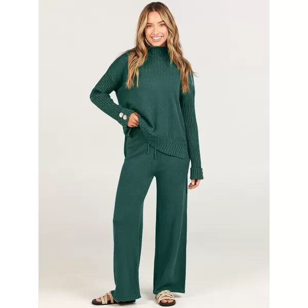 imageANRABESS Womens Two Piece Outfits Sweater Sets Long Sleeve Knit Pullover and Wide Leg Pants Lounge SetsOpal Green