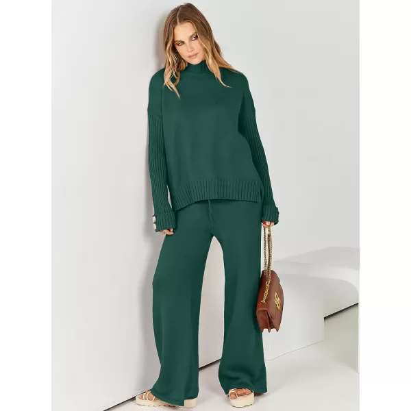 imageANRABESS Womens Two Piece Outfits Sweater Sets Long Sleeve Knit Pullover and Wide Leg Pants Lounge SetsOpal Green