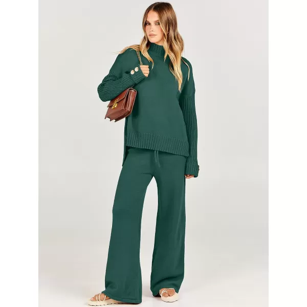 imageANRABESS Womens Two Piece Outfits Sweater Sets Long Sleeve Knit Pullover and Wide Leg Pants Lounge SetsOpal Green