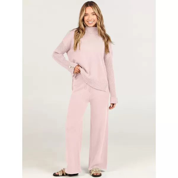 imageANRABESS Womens Two Piece Outfits Sweater Sets Long Sleeve Knit Pullover and Wide Leg Pants Lounge SetsPink