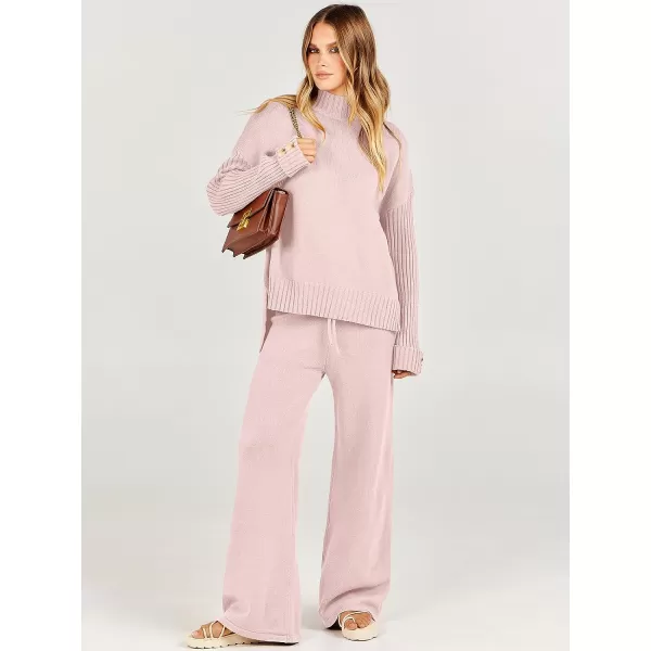 imageANRABESS Womens Two Piece Outfits Sweater Sets Long Sleeve Knit Pullover and Wide Leg Pants Lounge SetsPink