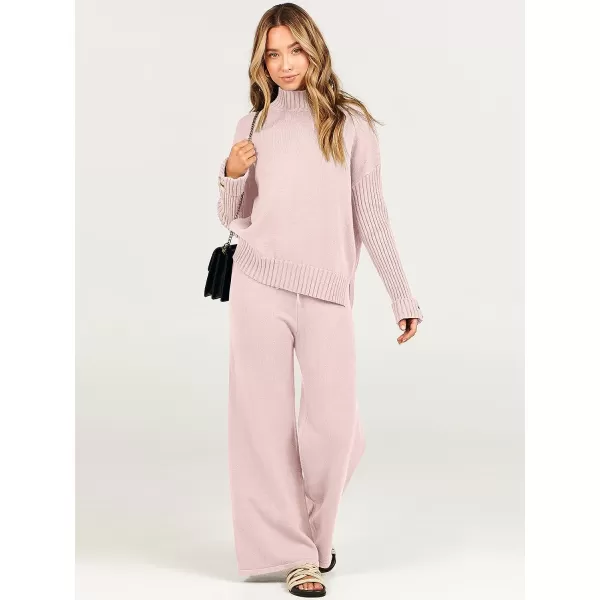 imageANRABESS Womens Two Piece Outfits Sweater Sets Long Sleeve Knit Pullover and Wide Leg Pants Lounge SetsPink