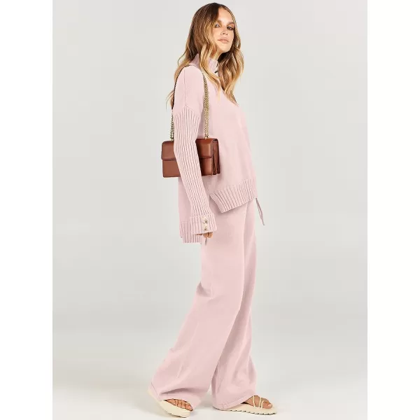 imageANRABESS Womens Two Piece Outfits Sweater Sets Long Sleeve Knit Pullover and Wide Leg Pants Lounge SetsPink