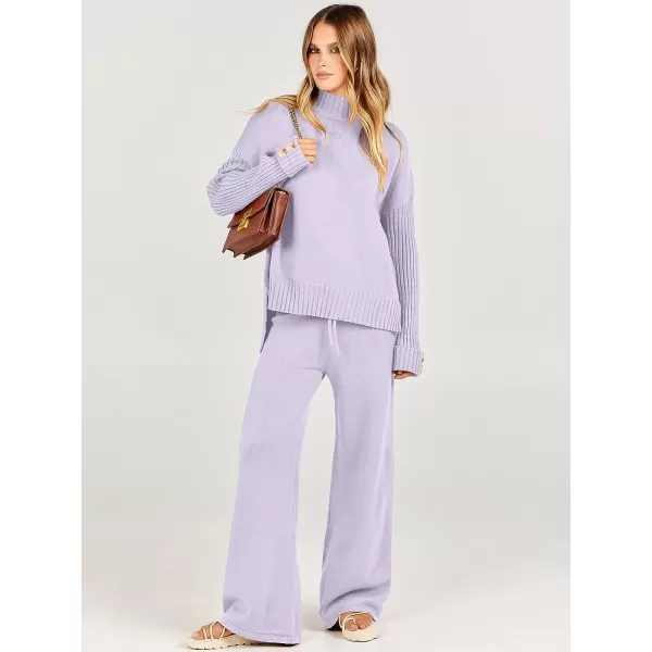 imageANRABESS Womens Two Piece Outfits Sweater Sets Long Sleeve Knit Pullover and Wide Leg Pants Lounge SetsPurple