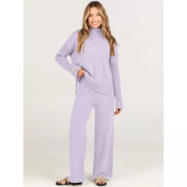 imageANRABESS Womens Two Piece Outfits Sweater Sets Long Sleeve Knit Pullover and Wide Leg Pants Lounge SetsPurple