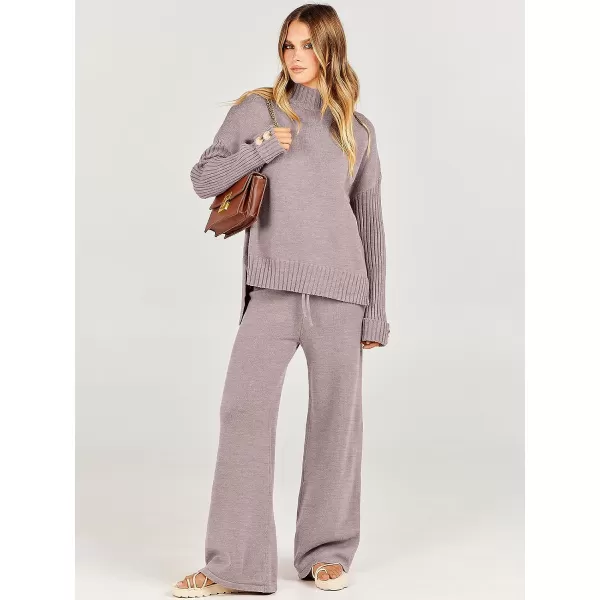 imageANRABESS Womens Two Piece Outfits Sweater Sets Long Sleeve Knit Pullover and Wide Leg Pants Lounge SetsRed Khaki