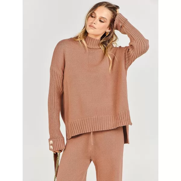 imageANRABESS Womens Two Piece Outfits Sweater Sets Long Sleeve Knit Pullover and Wide Leg Pants Lounge SetsRust