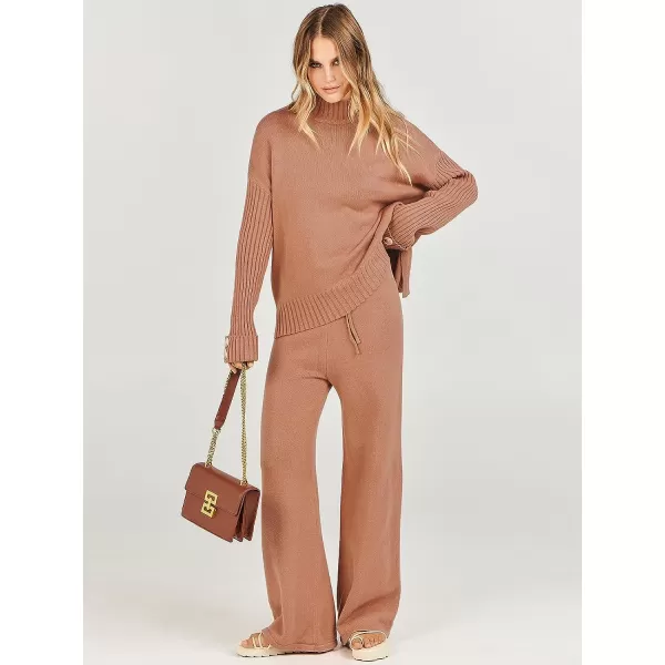 imageANRABESS Womens Two Piece Outfits Sweater Sets Long Sleeve Knit Pullover and Wide Leg Pants Lounge SetsRust
