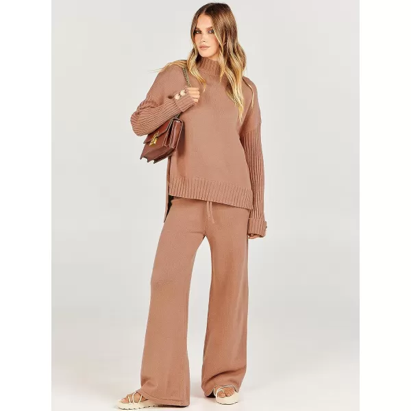 imageANRABESS Womens Two Piece Outfits Sweater Sets Long Sleeve Knit Pullover and Wide Leg Pants Lounge SetsRust