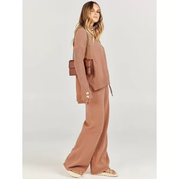 imageANRABESS Womens Two Piece Outfits Sweater Sets Long Sleeve Knit Pullover and Wide Leg Pants Lounge SetsRust