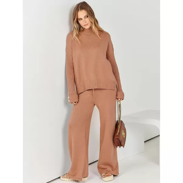 imageANRABESS Womens Two Piece Outfits Sweater Sets Long Sleeve Knit Pullover and Wide Leg Pants Lounge SetsRust