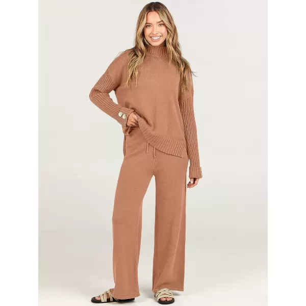 imageANRABESS Womens Two Piece Outfits Sweater Sets Long Sleeve Knit Pullover and Wide Leg Pants Lounge SetsRust
