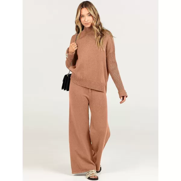 imageANRABESS Womens Two Piece Outfits Sweater Sets Long Sleeve Knit Pullover and Wide Leg Pants Lounge SetsRust