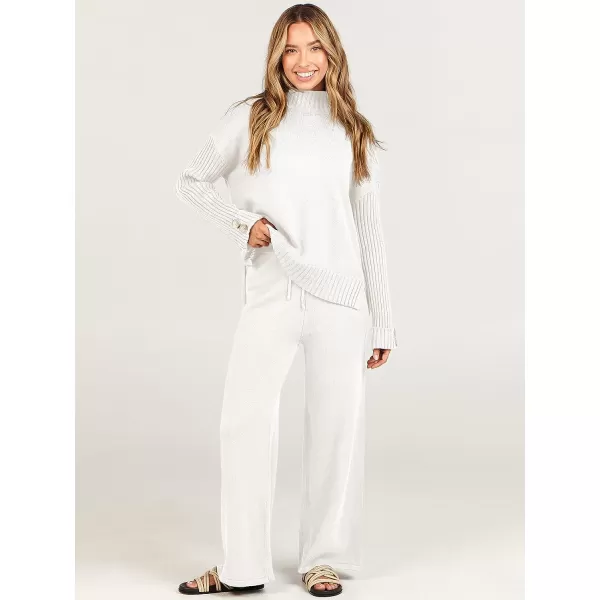 imageANRABESS Womens Two Piece Outfits Sweater Sets Long Sleeve Knit Pullover and Wide Leg Pants Lounge SetsWhite