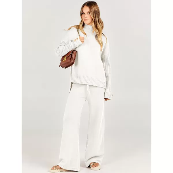 imageANRABESS Womens Two Piece Outfits Sweater Sets Long Sleeve Knit Pullover and Wide Leg Pants Lounge SetsWhite