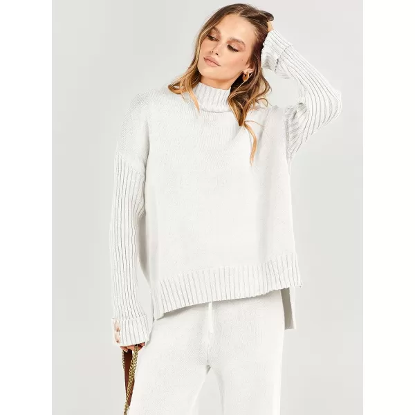 imageANRABESS Womens Two Piece Outfits Sweater Sets Long Sleeve Knit Pullover and Wide Leg Pants Lounge SetsWhite