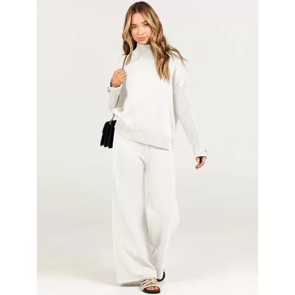 imageANRABESS Womens Two Piece Outfits Sweater Sets Long Sleeve Knit Pullover and Wide Leg Pants Lounge SetsWhite