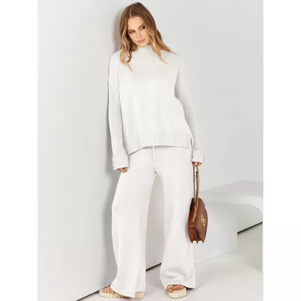 imageANRABESS Womens Two Piece Outfits Sweater Sets Long Sleeve Knit Pullover and Wide Leg Pants Lounge SetsWhite