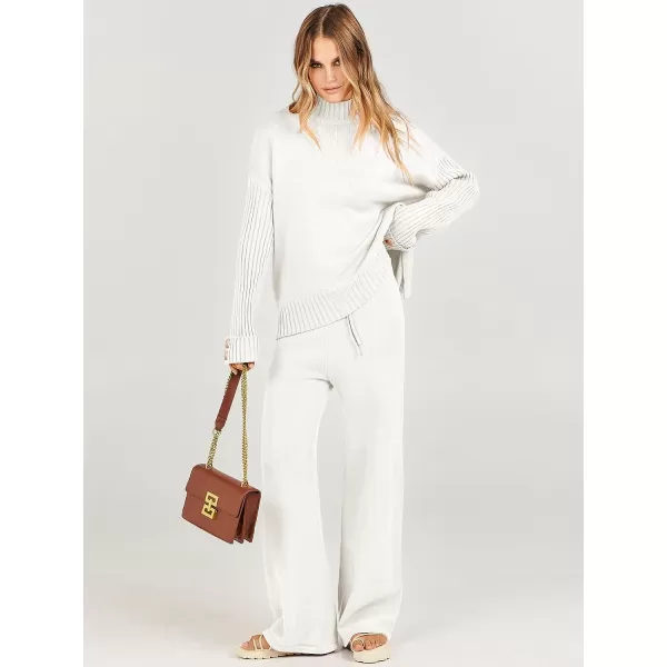 imageANRABESS Womens Two Piece Outfits Sweater Sets Long Sleeve Knit Pullover and Wide Leg Pants Lounge SetsWhite