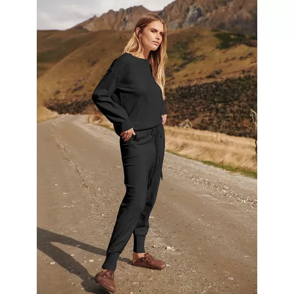 imageANRABESS Womens Two Piece Outfits Sweater Sets Long Sleeve Pullover and Drawstring Pants Lounge Sets01black