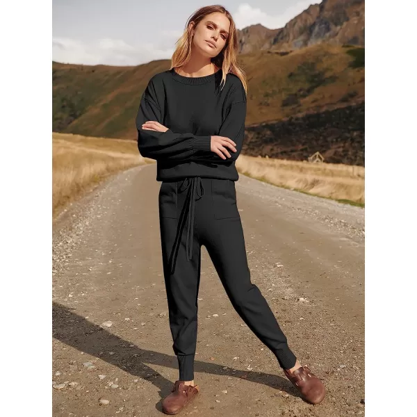 imageANRABESS Womens Two Piece Outfits Sweater Sets Long Sleeve Pullover and Drawstring Pants Lounge Sets01black