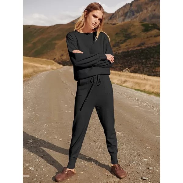 imageANRABESS Womens Two Piece Outfits Sweater Sets Long Sleeve Pullover and Drawstring Pants Lounge Sets01black