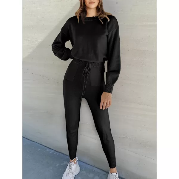 imageANRABESS Womens Two Piece Outfits Sweater Sets Long Sleeve Pullover and Drawstring Pants Lounge Sets01black