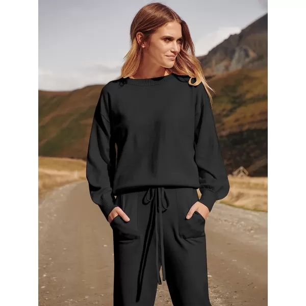 imageANRABESS Womens Two Piece Outfits Sweater Sets Long Sleeve Pullover and Drawstring Pants Lounge Sets01black